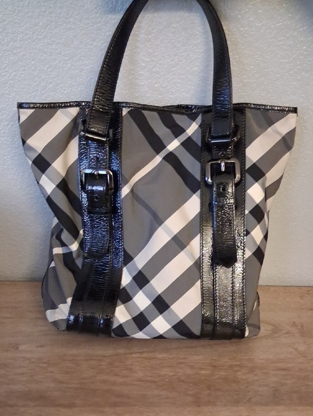 Classic Check Pattern Nylon & Patent Leather Tote Bag in Gray and Black - Picture 3 of 7